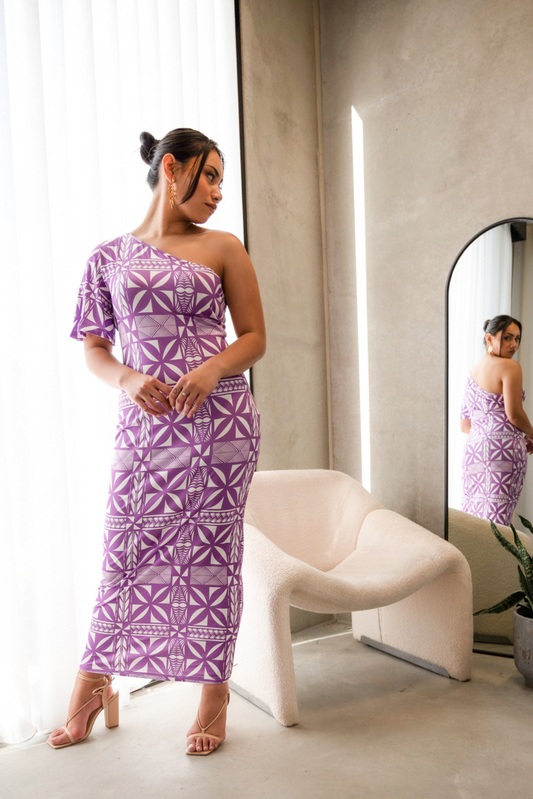 (PRE-ORDER) POEVAI DRESS - SHORT ONE SLEEVE MAXI DRESS - PURPLE AND WHITE