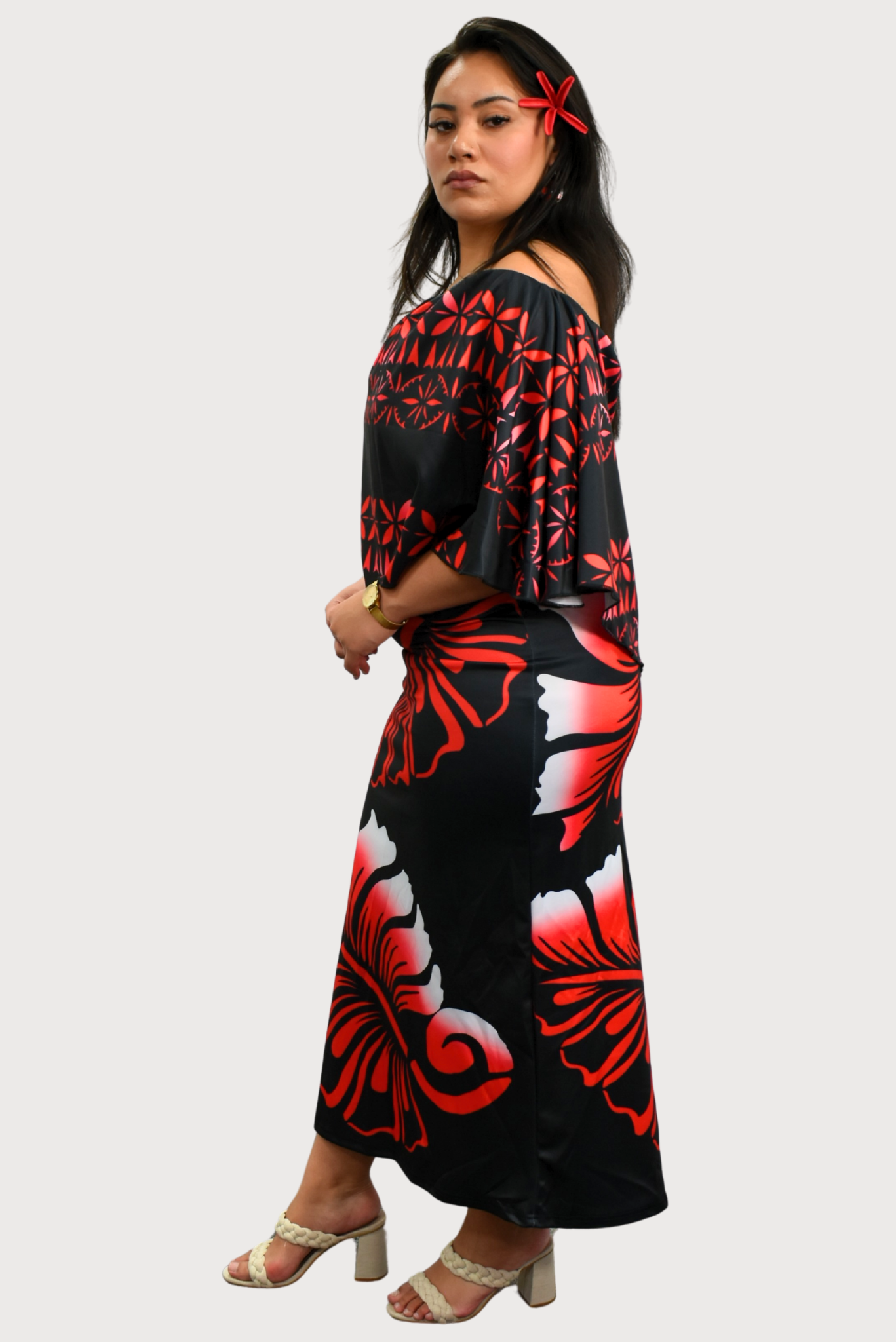 BLACK & RED FLORAL - CAPE MIDI DRESS