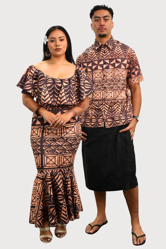 DRESS - OFF SHOULDER FRILL MAXI - BROWN