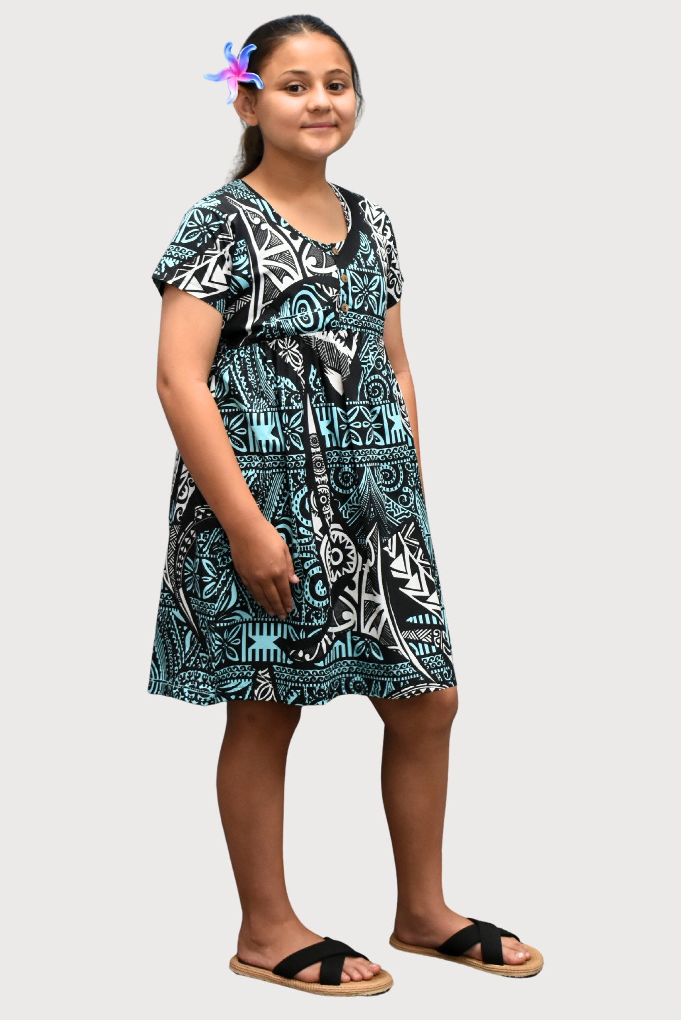 SARAH GIRLS DRESS - FLOWY DRESS - BLUE, WHITE & BLACK