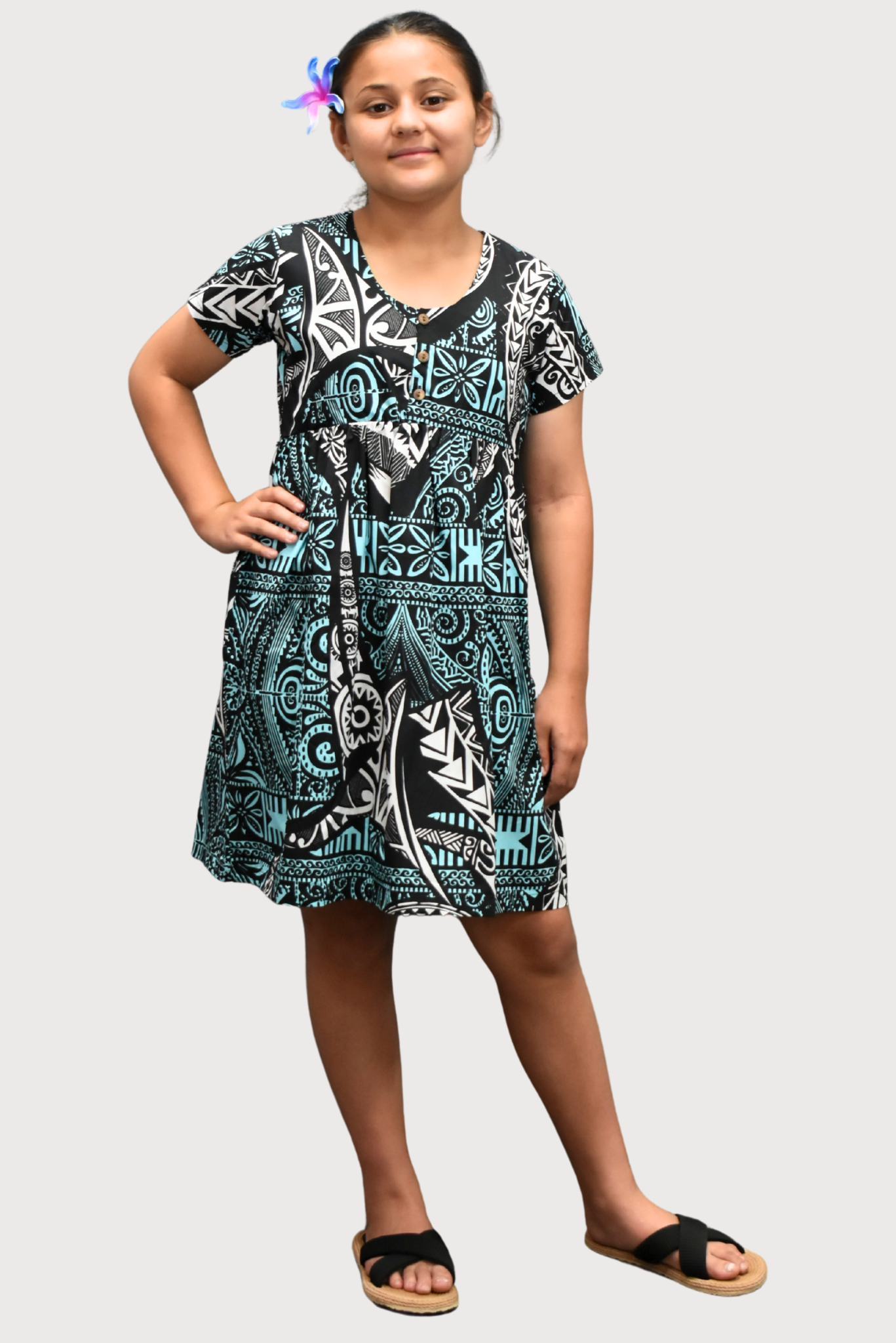 SARAH GIRLS DRESS - FLOWY DRESS - BLUE, WHITE & BLACK