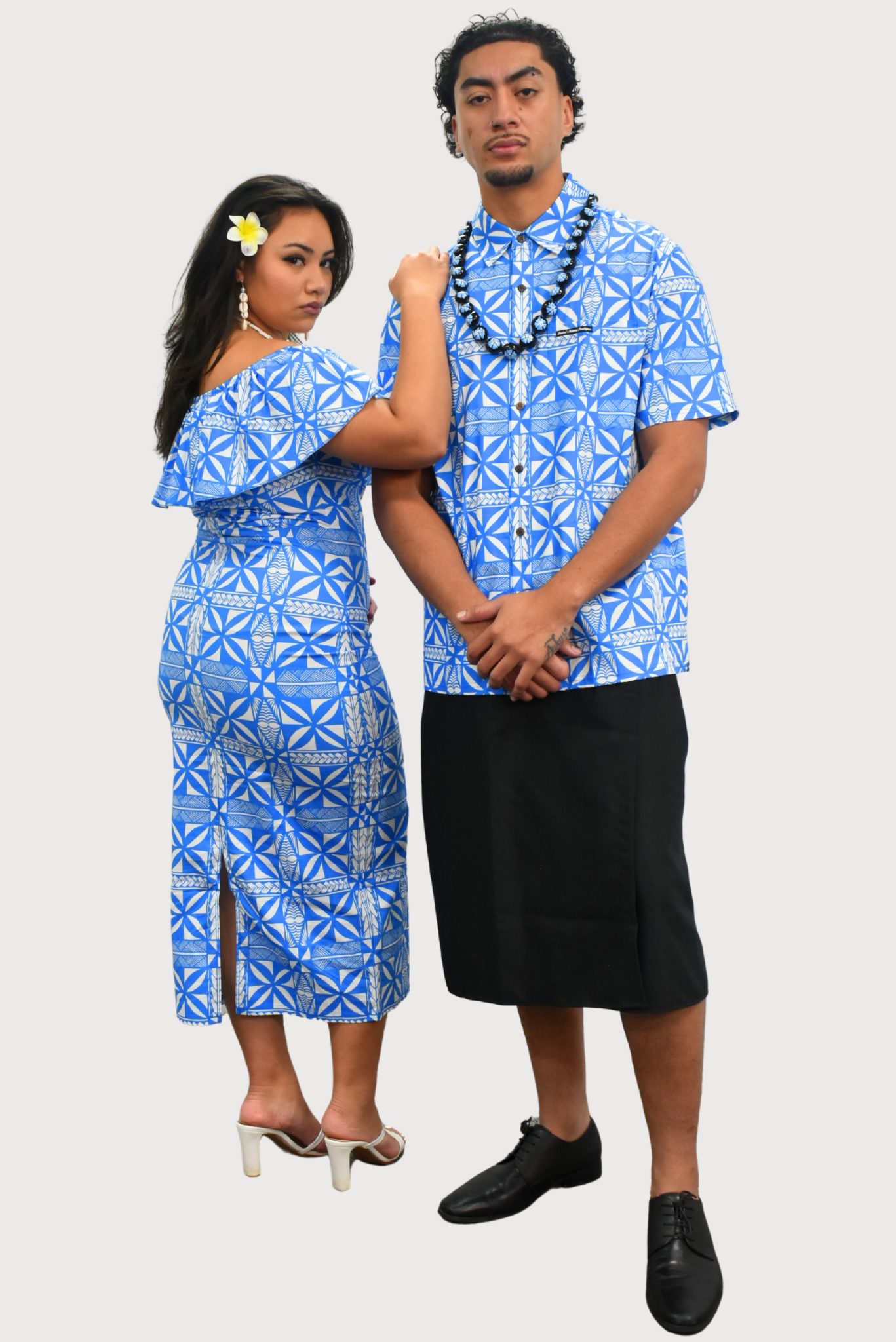 LANI - OFF SHOULDER FRILL MIDI DRESS - BLUE & WHITE