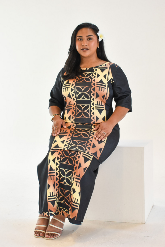 (PRE-ORDER) ELEI PULETASI - ROUND NECK PULETASI - TWO PIECE OUTFIT - BLACK & GOLD