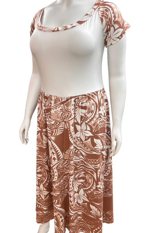ROUND NECK MIDI FLARE DRESS - BROWN AND WHITE - MULTIPLE SIZES