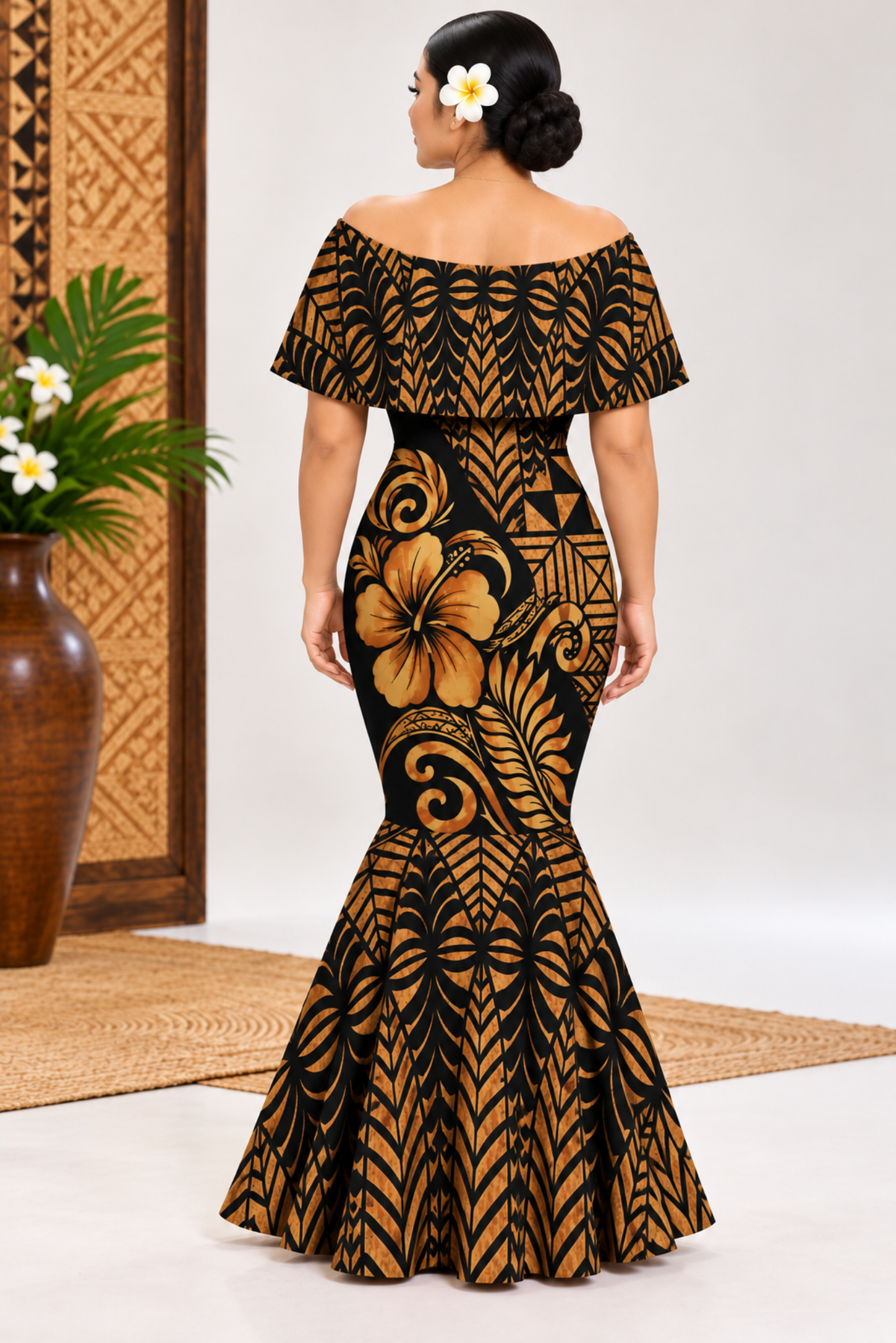 (PRE-ORDER) DRESS - OFF SHOULDER FRILL MAXI - BEIGE & BLACK