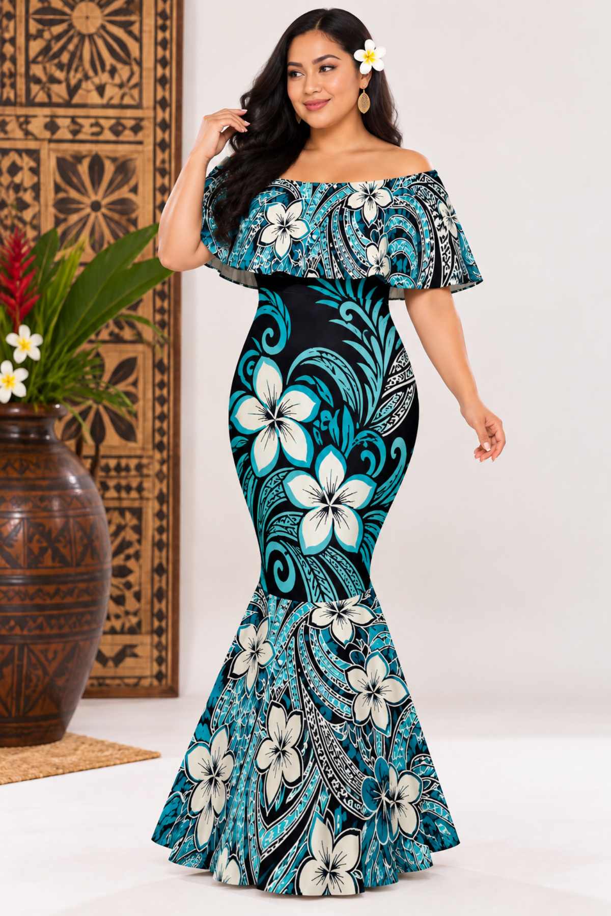 (PRE-ORDER) DRESS - OFF SHOULDER FRILL MAXI - BLUE, BLACK & WHITE
