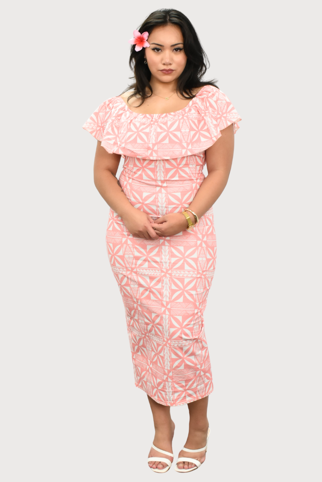 LANI - OFF SHOULDER FRILL MIDI DRESS - PINK & WHITE