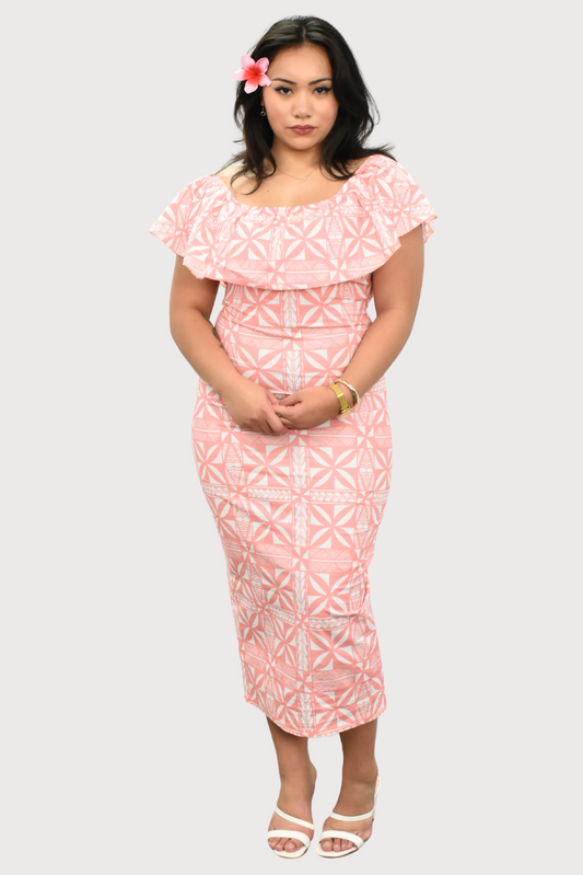 LANI - OFF SHOULDER FRILL MIDI DRESS - PINK & WHITE