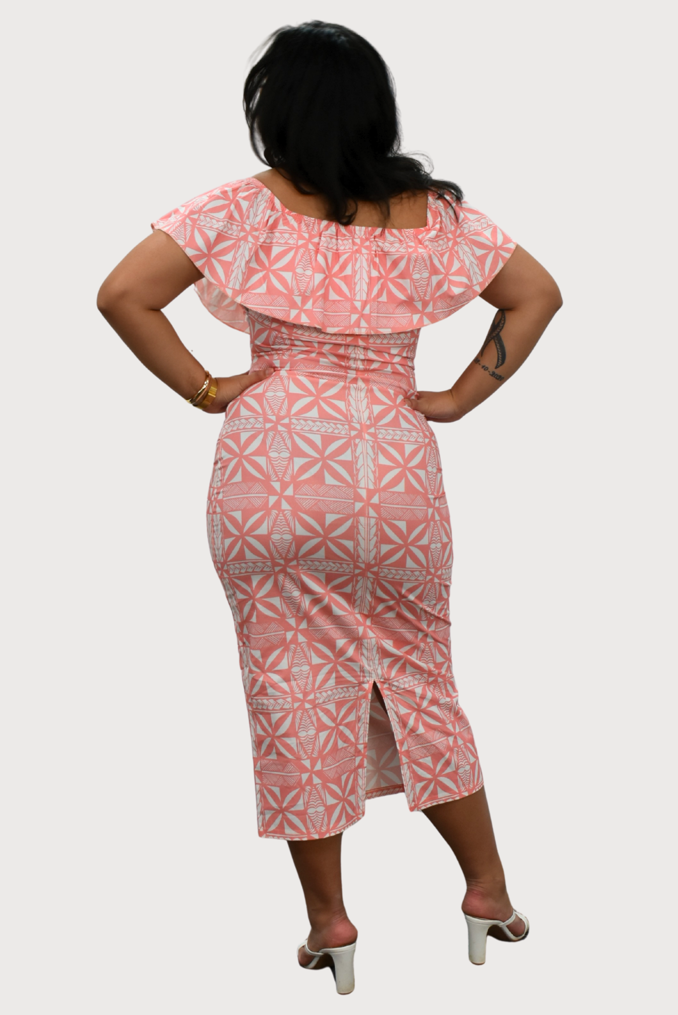 LANI - OFF SHOULDER FRILL MIDI DRESS - PINK & WHITE