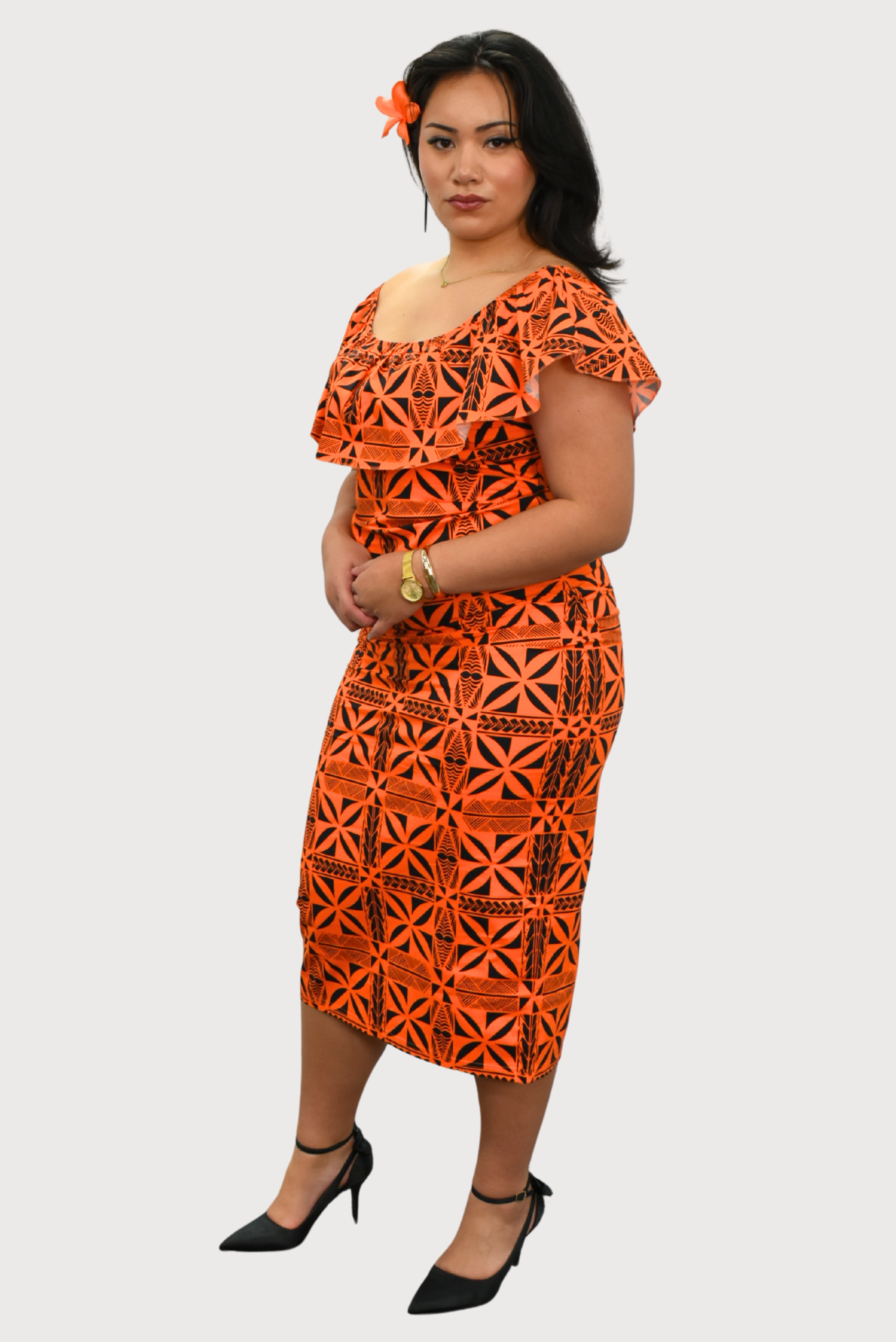 LANI - OFF SHOULDER FRILL MIDI DRESS - ORANGE & BLACK