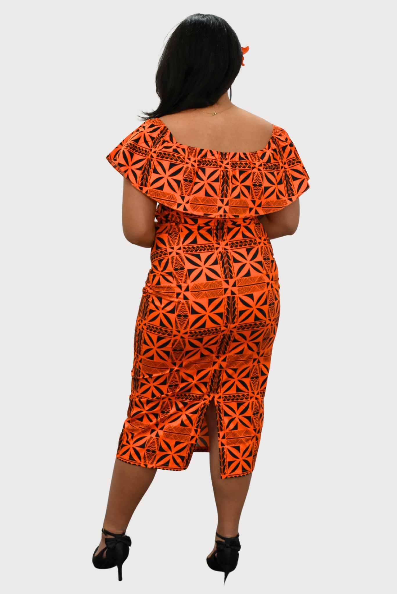 LANI - OFF SHOULDER FRILL MIDI DRESS - ORANGE & BLACK