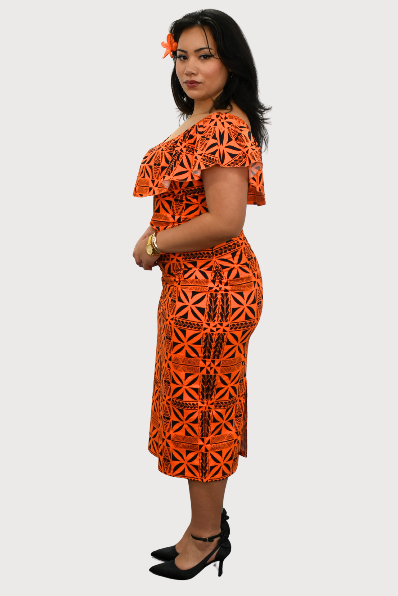 LANI - OFF SHOULDER FRILL MIDI DRESS - ORANGE & BLACK