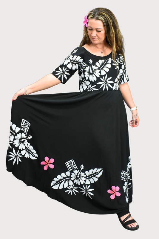 BLACK & WHITE FLORAL HIGH WAISTED DRESS - SIZE 14