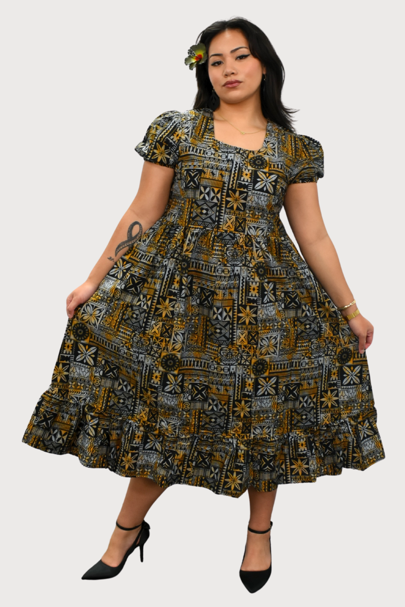 MARIAH DRESS - HIGH WAIST DRESS - GOLD, GREY & BLACK