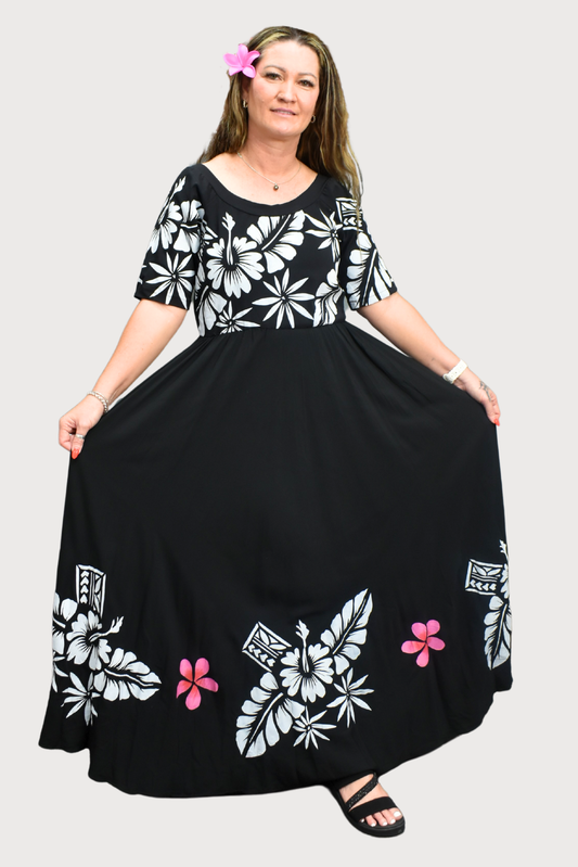 BLACK & WHITE FLORAL HIGH WAISTED DRESS - SIZE 14
