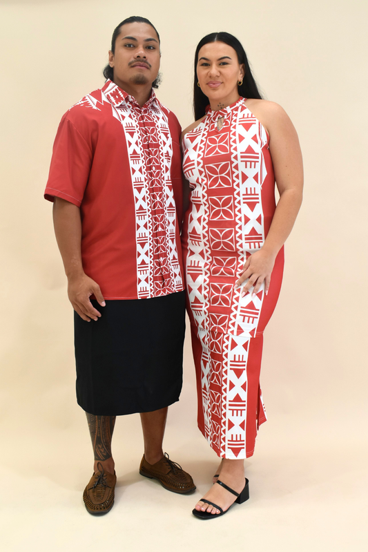 (PRE-ORDER) COLLARED BUTTON UP SHIRT - MAROON & WHITE MELANESIAN PATTERN