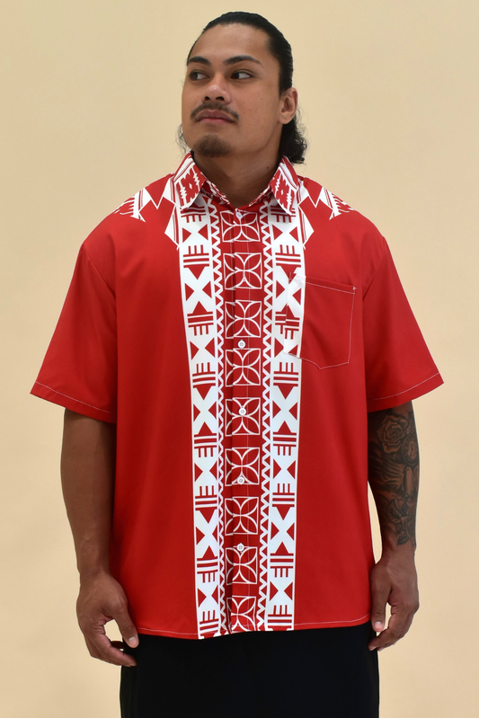 (PRE-ORDER) COLLARED BUTTON UP SHIRT - MAROON & WHITE MELANESIAN PATTERN