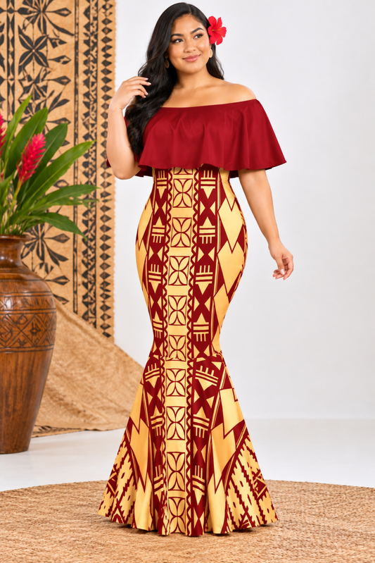 (PRE-ORDER) DRESS - OFF SHOULDER FRILL MAXI -GOLD & MAROON
