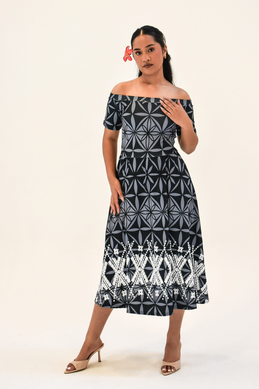 MONA DRESS - A LINE MIDI FLOW DRESS - BLACK & GREY