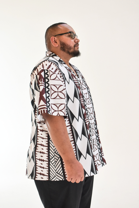 (PRE-ORDER) KEOLA SHIRT - COLLARED BUTTON UP SHIRT - WHITE MELANESIAN PATTERN