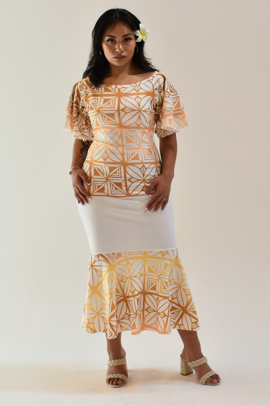 (PRE-ORDER) SISILIA DRESS - FLARED SLEEVE MERMAID DRESS - GOLD & WHITE