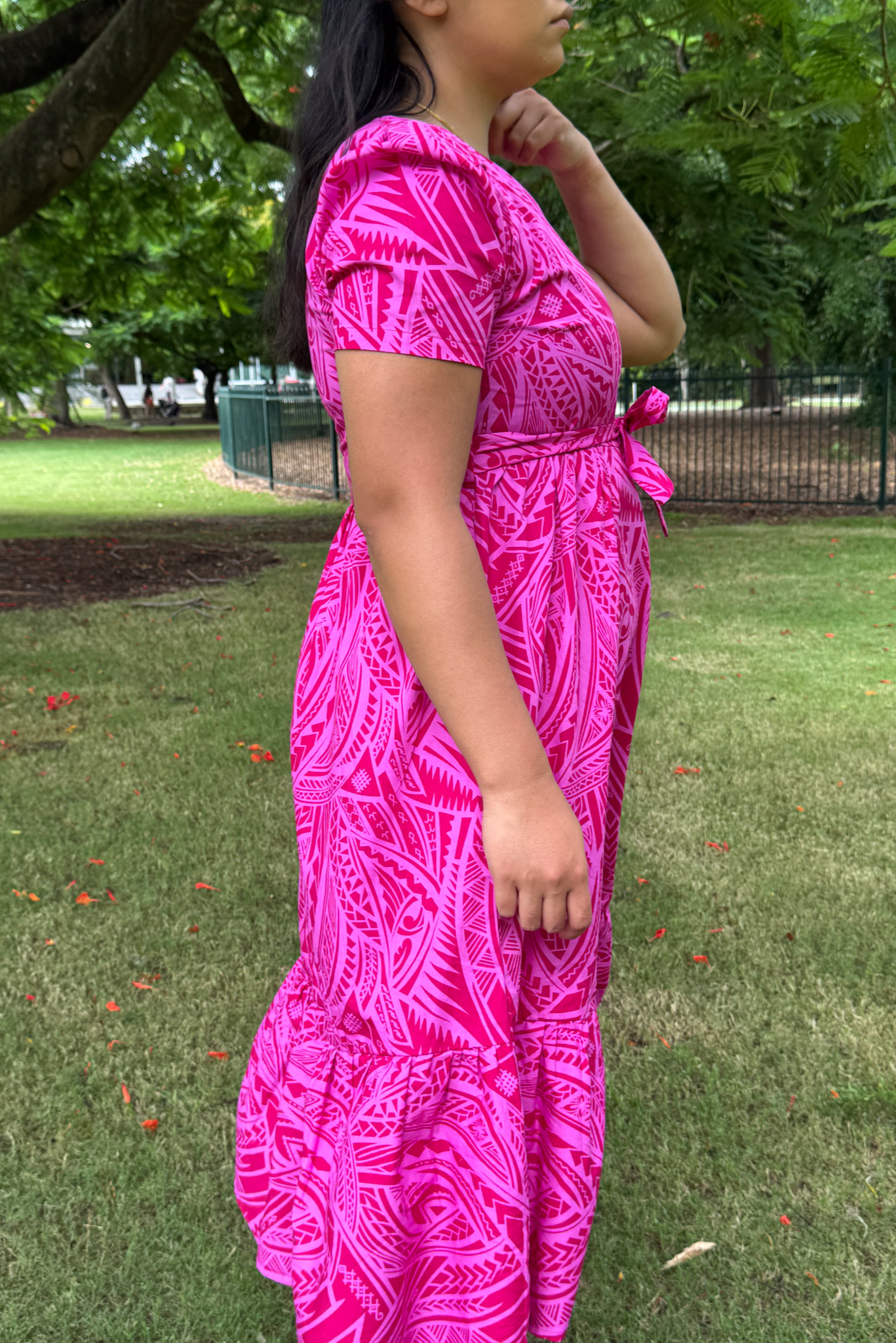 ANNA DRESS - V NECK MIDI LENGTH DRESS - HOT PINK