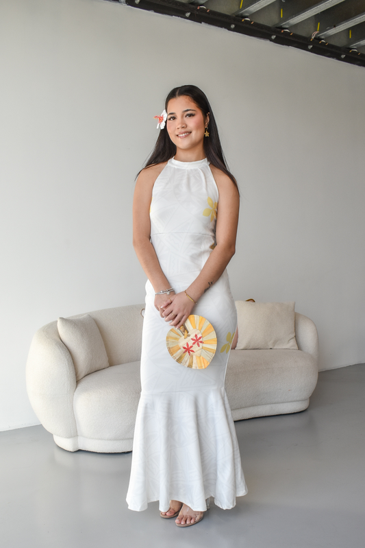 (PRE-ORDER) MINI TIARE - HALTER NECK MAXI DRESS - GOLD & WHITE