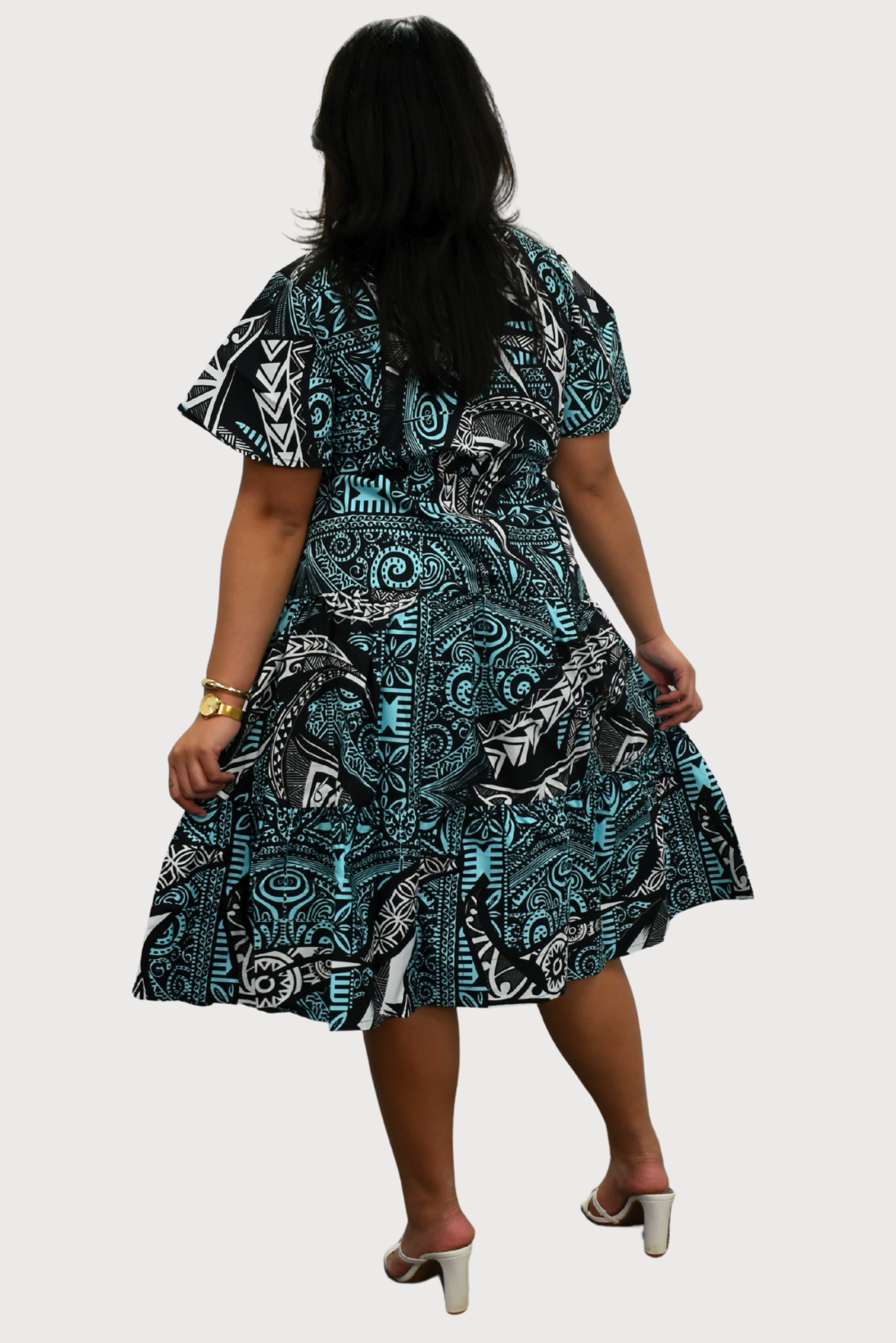 SARAH DRESS - HIGH WAIST MIDI DRESS - BLUE, WHITE & BLACK