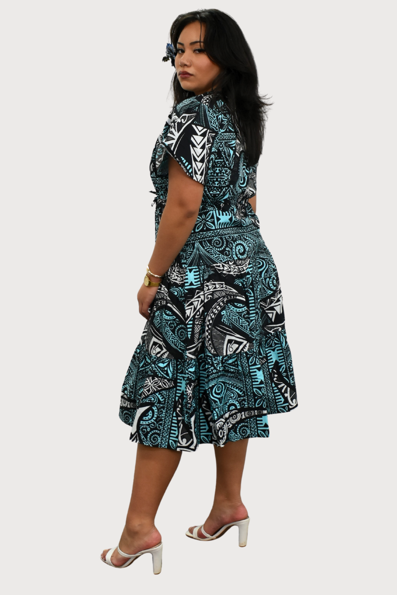 SARAH DRESS - HIGH WAIST MIDI DRESS - BLUE, WHITE & BLACK