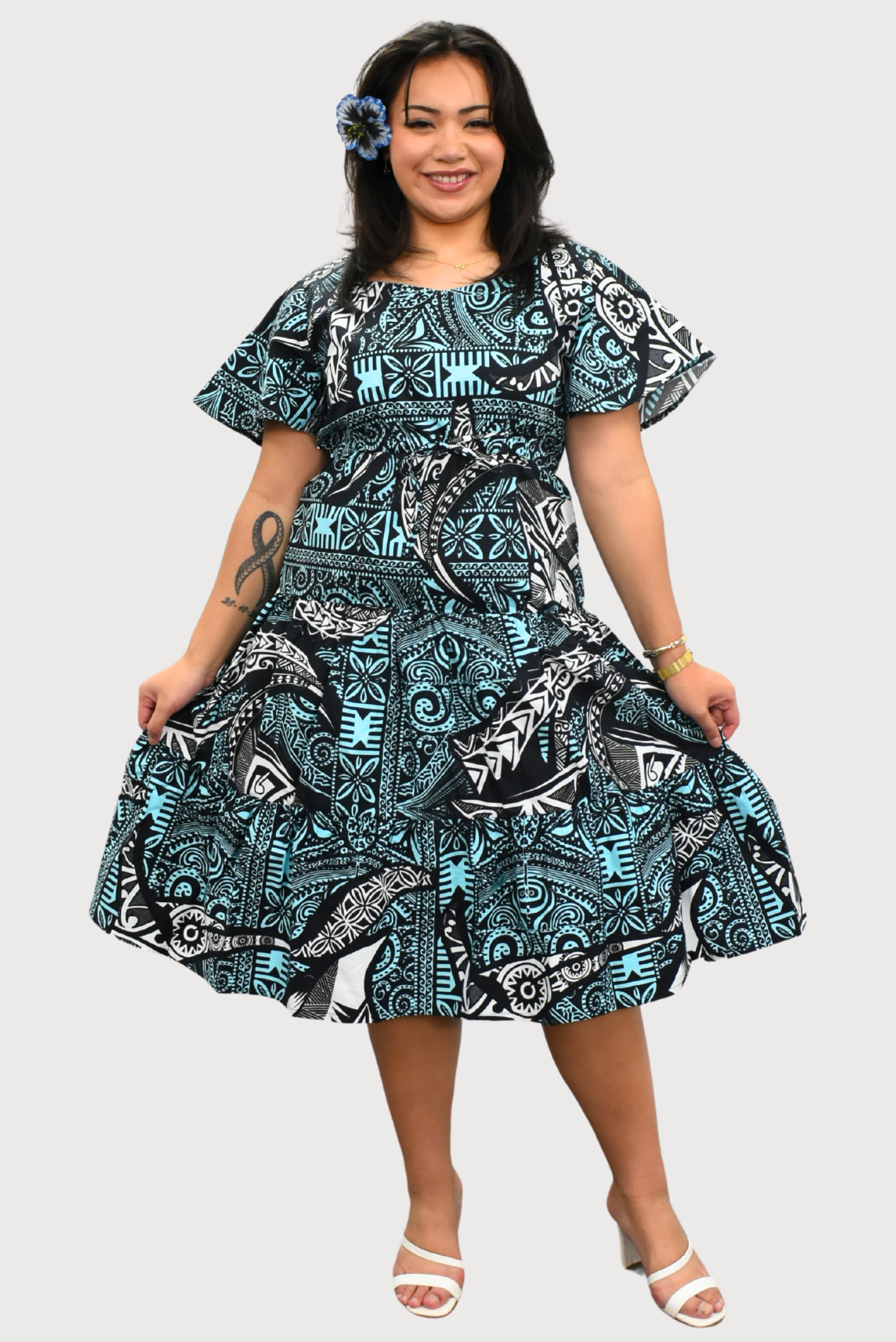 SARAH DRESS - HIGH WAIST MIDI DRESS - BLUE, WHITE & BLACK