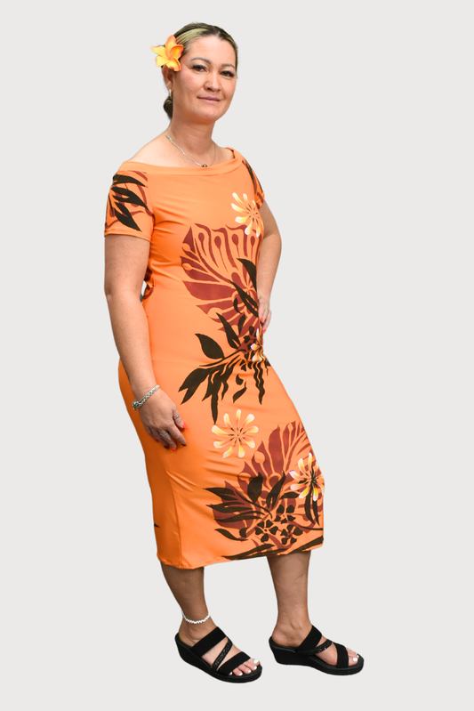 ORANGE FLORAL OFF SHOULDER DRESS - SIZE 14
