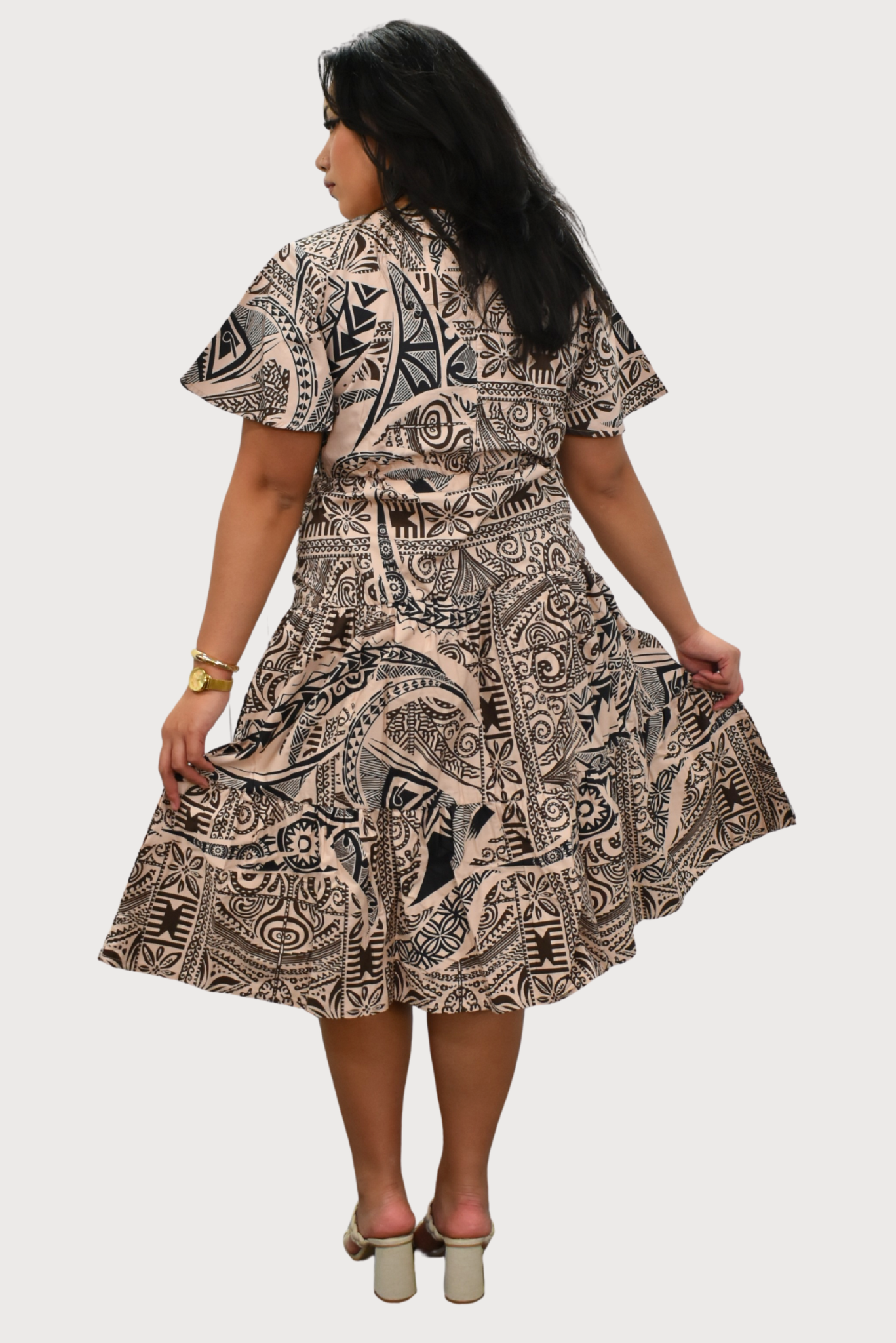 SARAH DRESS - HIGH WAIST MIDI DRESS - TAN & BLACK