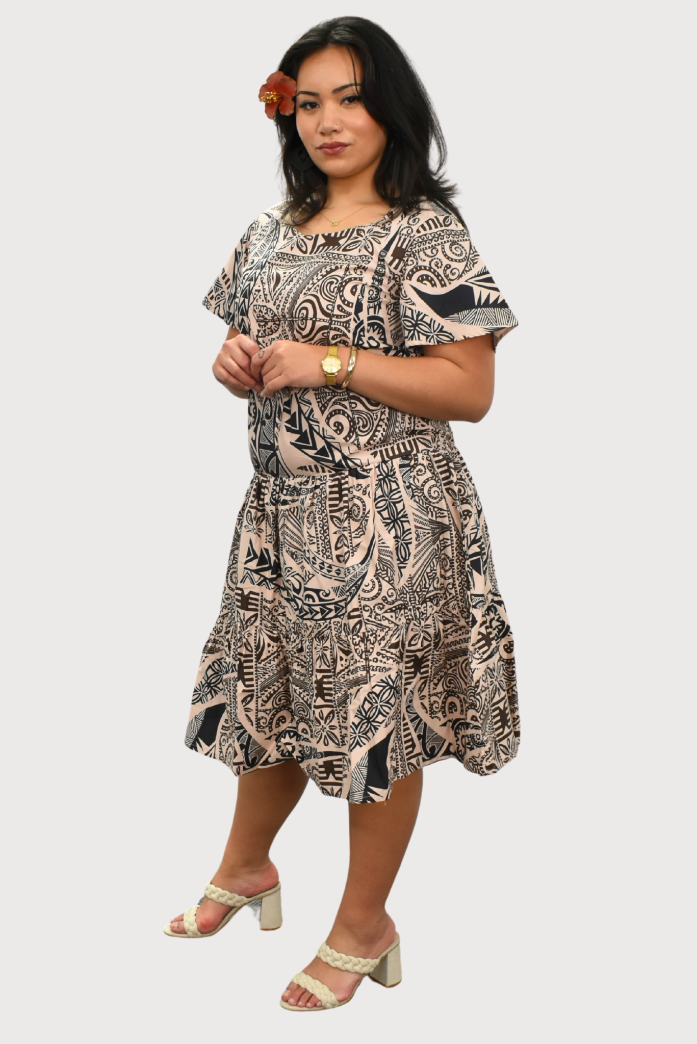 SARAH DRESS - HIGH WAIST MIDI DRESS - TAN & BLACK