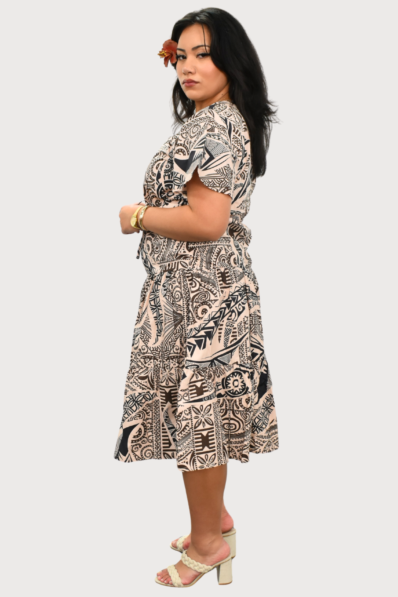 SARAH DRESS - HIGH WAIST MIDI DRESS - TAN & BLACK