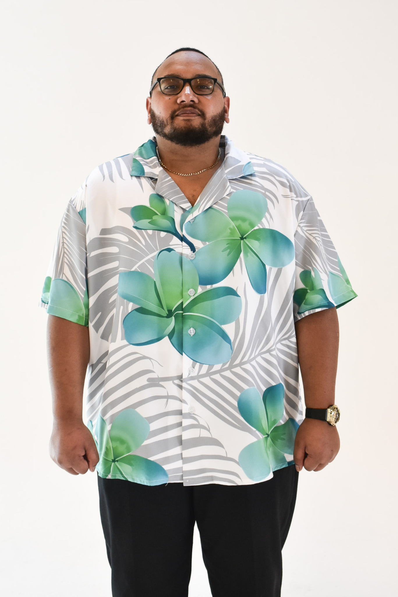 MALOSI SHIRT - COLLARED BUTTON UP SHIRT - WHITE & GREEN FLORAL PATTERN