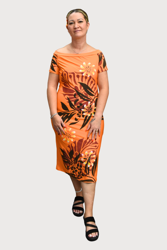 ORANGE FLORAL OFF SHOULDER DRESS - SIZE 14