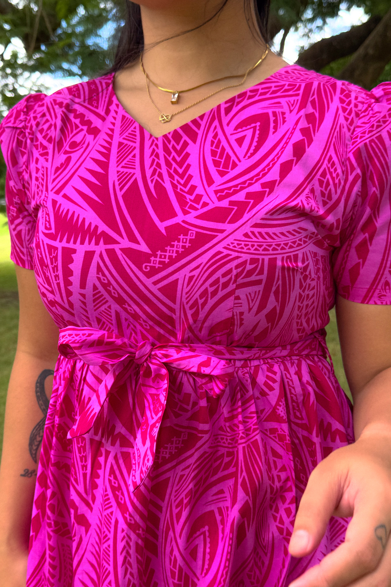 ANNA DRESS - V NECK MIDI LENGTH DRESS - HOT PINK