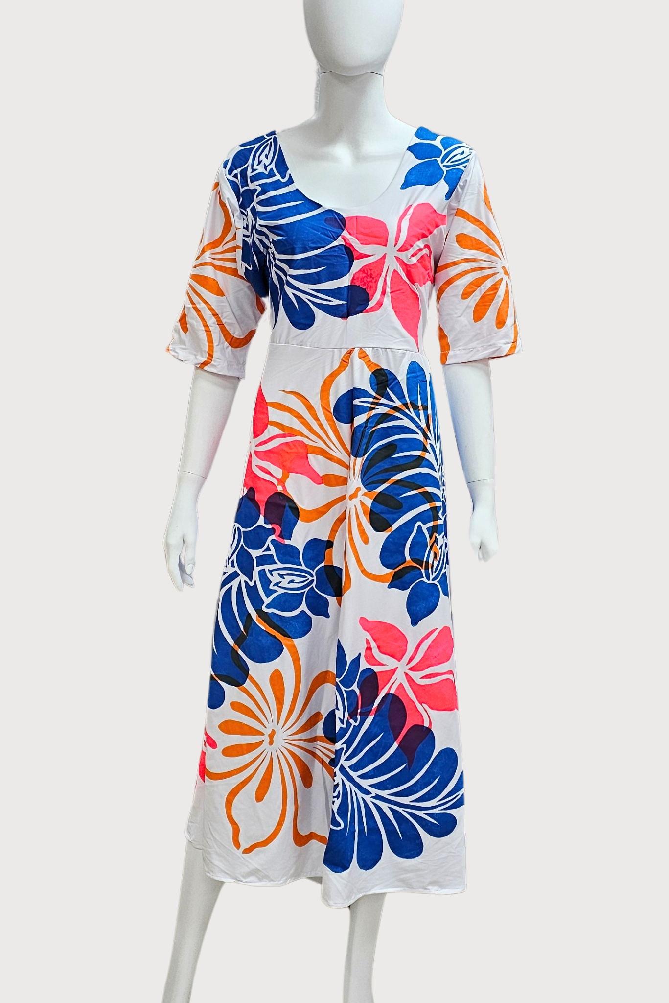 WHITE, BLUE & PINK FLORAL HIGHWAIST DRESS