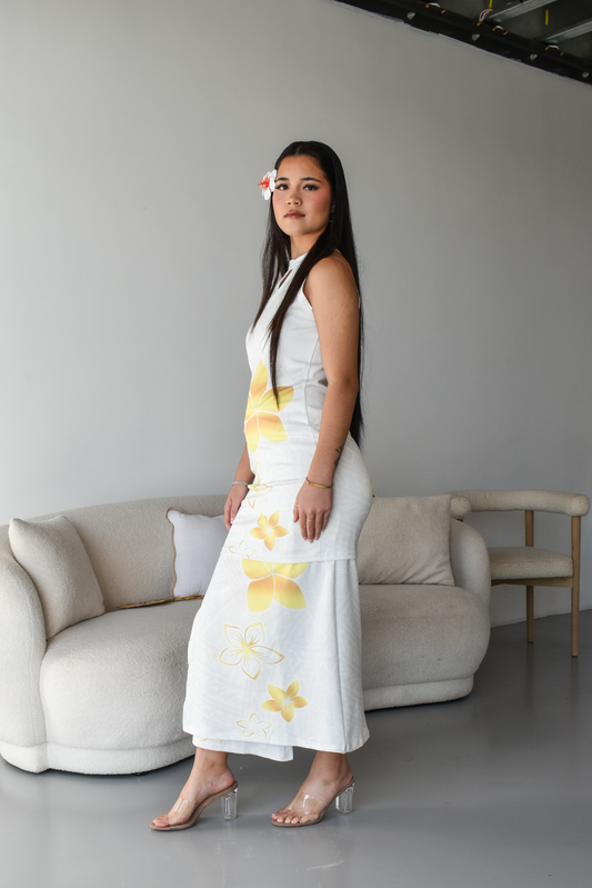 (PRE-ORDER) GOLD TIARE - HALTER NECK PULETASI - TWO PIECE OUTFIT - GOLD & WHITE