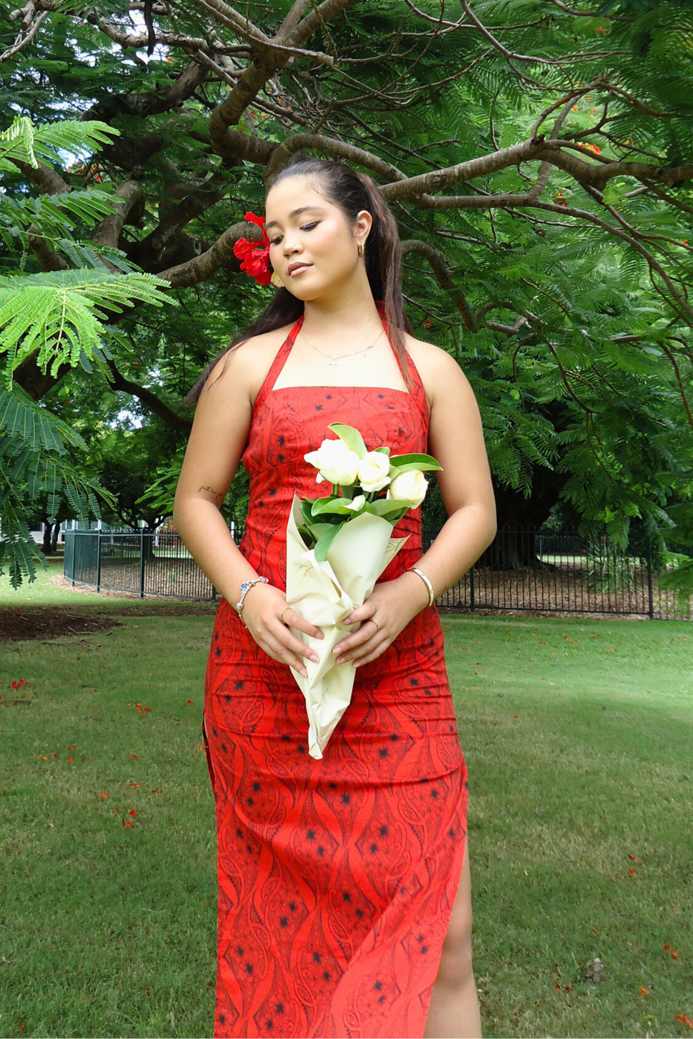 KIANA DRESS - SQUARE NECK HALTER MIDI LENGTH DRESS - RED & BLACK