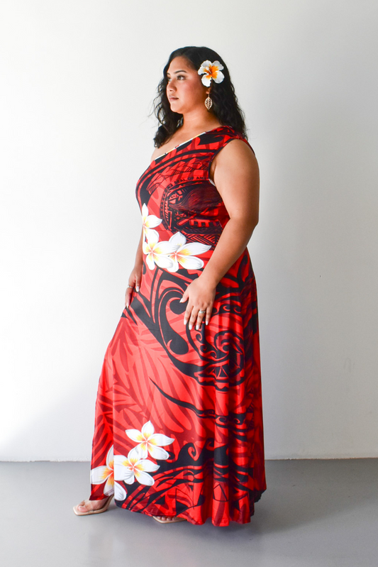 (PRE-ORDER) DAVINA DRESS - ONE SHOULDER MAXI DRESS - RED & BLACK PATTERN