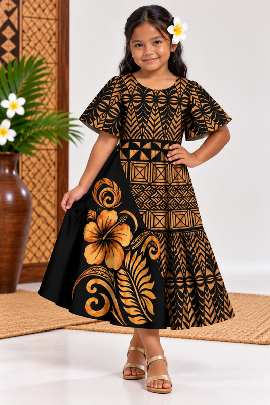 (PRE-ORDER) GIRLS DRESS - FLOWY DRESS - BEIGE & BLACK
