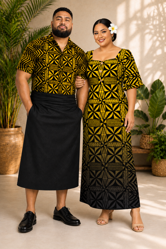 (PRE-ORDER) DRESS - BUTTON SQUARE NECK MAXI DRESS - BLACK & YELLOW