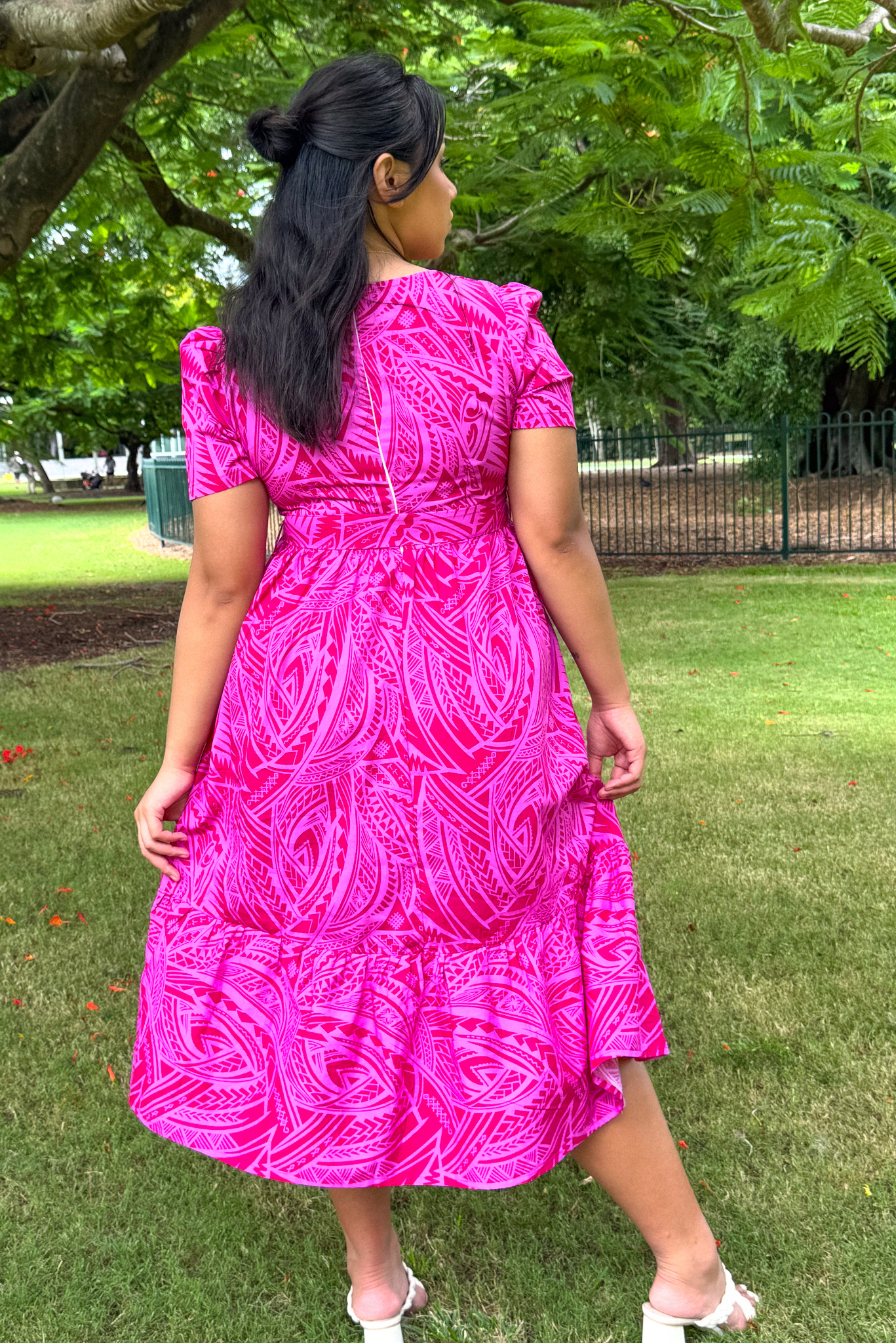 ANNA DRESS - V NECK MIDI LENGTH DRESS - HOT PINK