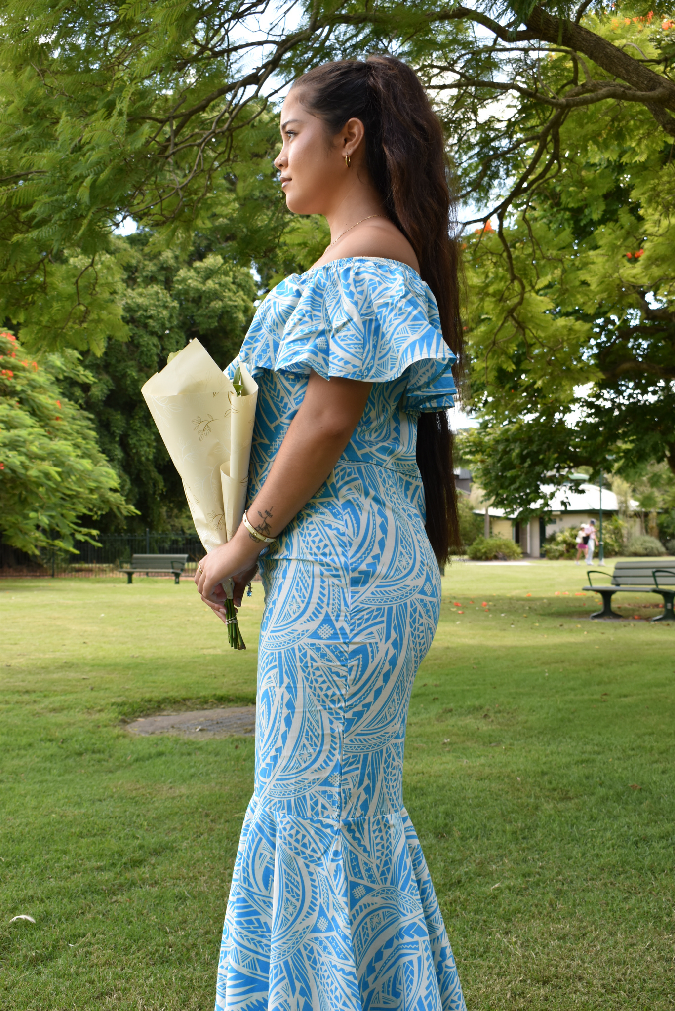 LEIA DRESS - OFF SHOULDER FRILL MAXI DRESS - LIGHT BLUE