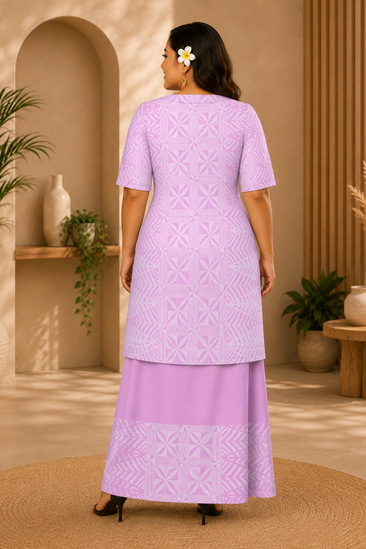 (PRE-ORDER) ROUND NECK LAYERED PULETASI - TWO PIECE OUTFIT - PINK & WHITE