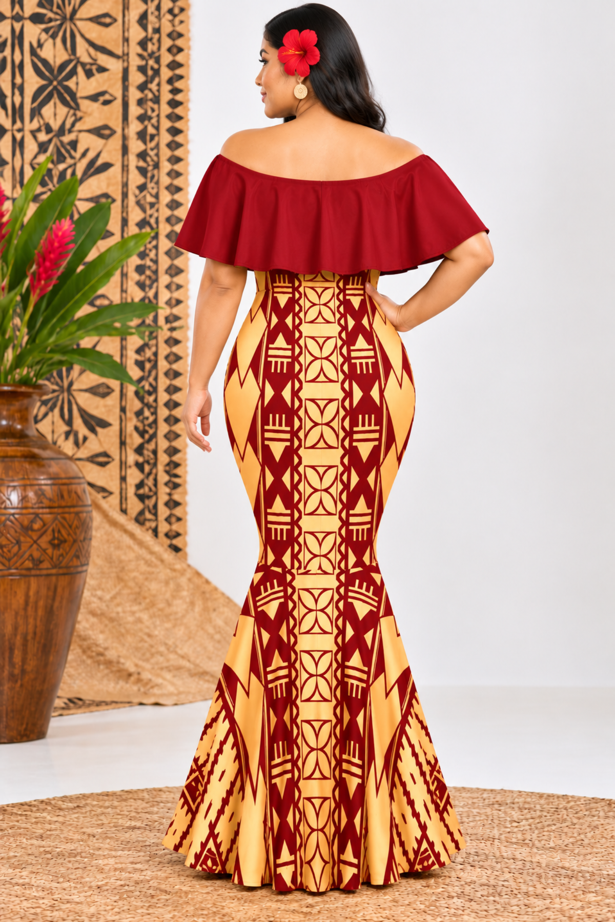 (PRE-ORDER) DRESS - OFF SHOULDER FRILL MAXI -GOLD & MAROON