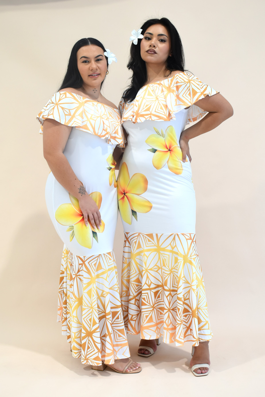 (PRE-ORDER) GOLD TIARE - FRILL RUCHED MERMAID DRESS - GOLD & WHITE