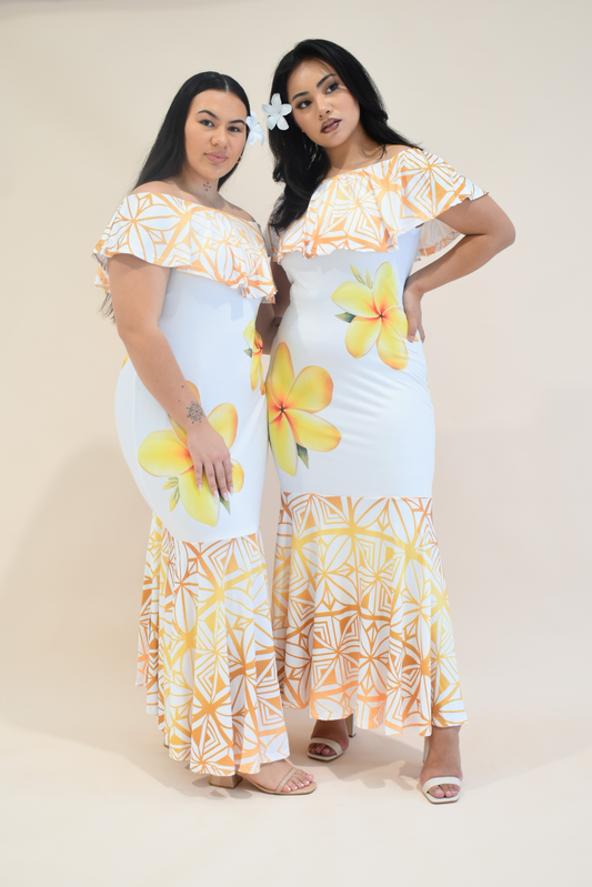 (PRE-ORDER) GOLD TIARE - FRILL RUCHED MERMAID DRESS - GOLD & WHITE