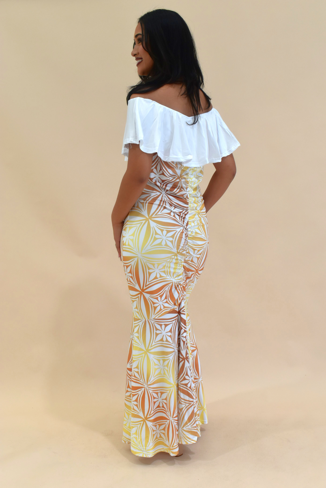 (PRE-ORDER) SERENA DRESS - OFF SHOULDER FRILL MAXI - GOLD & WHITE